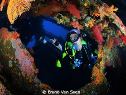 My wife inside the wreck 'Liberty II' by Bruno Van Saen 